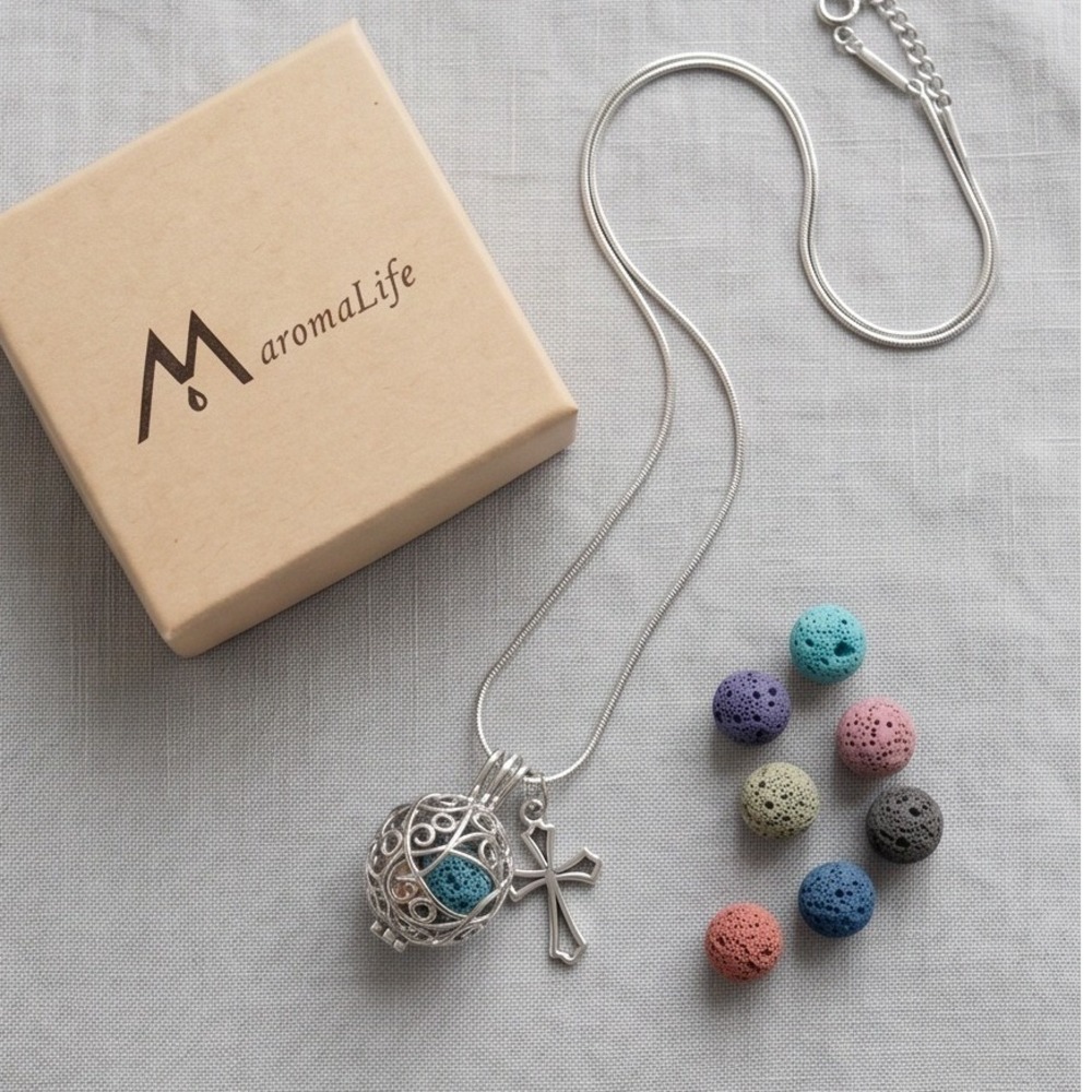MaromaLife Essential Oil Diffuser Necklace Cross Filigree Locket Silver Tone NEW